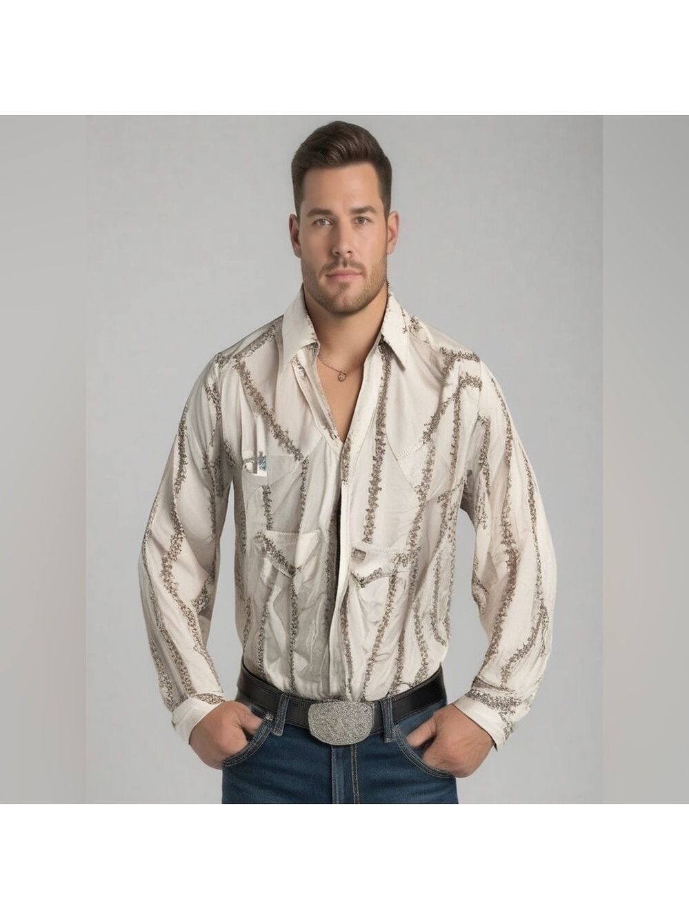 American Eagle Vintage Western Slim Vine Pearlized Snap Button Long Sleeve Shirt